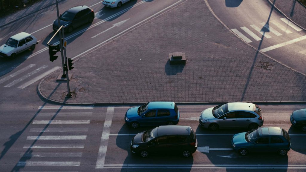 aerial view of vehicles at stop light